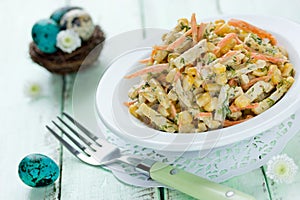 Easter appetizer recipe - boiled chicken breast, carrot, corn an