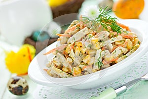 Easter appetizer salad with corn, carrot, ham