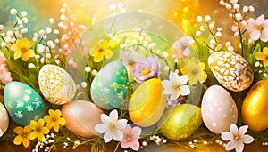 Easter arrangement with many eggs in yellow, orange shades ad spring blossoms