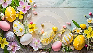 Easter arrangement in yellow and pink shades and colors with eggs and spring blossoms