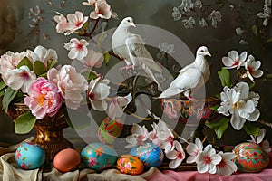 Easter art with crosses, doves. Happy easter. Easter concept