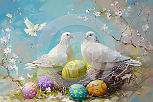 Easter art with crosses, doves. Happy easter. Easter concept