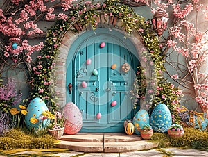 easter backdoor , with eggs, rabits, colorful door, ideal for photo manipulation, easter background