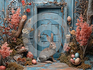 easter backdoor , with eggs, rabits, colorful door, ideal for photo manipulation, easter background
