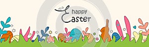 Easter background. Banner with the image of rabbit ears, eggs, flowers hidden in green grass in an editable stroke.Trendy design.