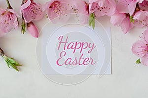 Easter background with a bouquet of spring flowers and the inscription happy Easter . Festive Easter card