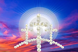 Easter background. Christian cross against celestial clouds.