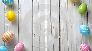 Easter background with colored Easter eggs on white wood.