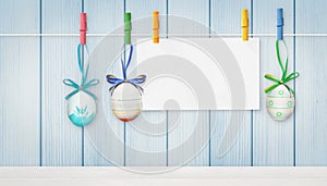 Easter background with colorful easter eggs on wooden background