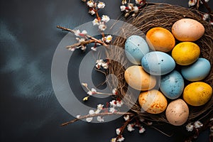 Easter Background with Colorful Eggs in Nest and Delicate Spring Flowers - Top View