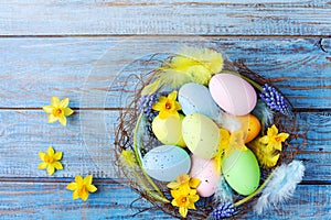 Easter background with colorful eggs in nest, feather and spring flowers top view. Holiday card or banner