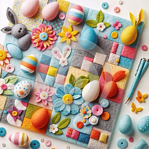 Easter background with colorful quilted eggs, birds and flowers photo