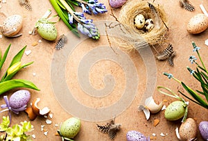 Easter background with a copy space for a greeting text and various Easter decor