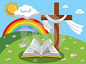 Easter background cross open bible gospel meadow