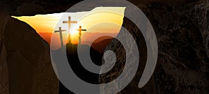 Easter background -Crucifixion - Resurrection of Jesus Christ in Golgota / Golgotha jerusalem israel, empty tomb, sunrise or