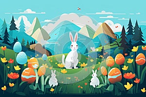 Easter background. Cute cartoon bunny on green floral hill with eggs and colorful flowerst. Generative ai