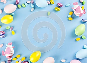 Easter background. Easter composition on blue background.