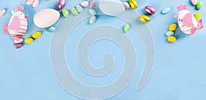 Easter background. Easter composition on blue background.