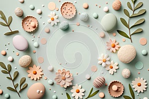 Easter background with Easter eggs and flowers in pastel colors