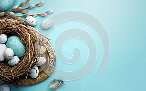 Easter background with Easter eggs and spring flowers on blue t photo