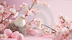 Easter background with easter eggs, spring flowers and chicken on pink background