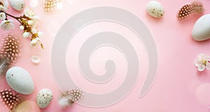 Easter background; Easter Eggs with spring Flowers on pink Background