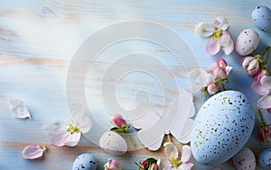 Easter background with Easter eggs and spring flowers. Top view