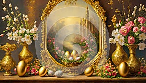 Easter background with a Easter picture, golden eggs and spring flowers in a golden vase on a table