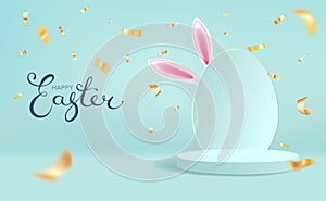 Easter background, eggs, bunny ears and pedestal