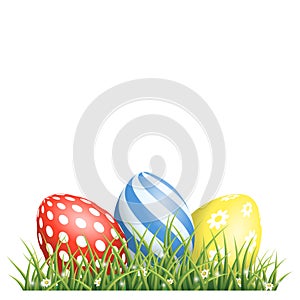 Easter background with eggs in grass and with copyspace