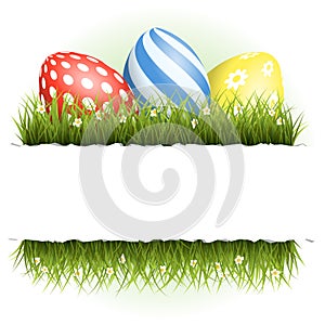 Easter background with eggs in grass and with copyspace