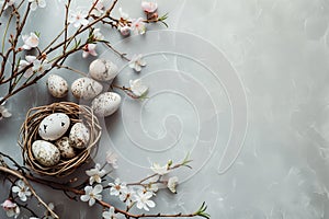 easter background with eggs, nest and blooming branches with copyspace, top view