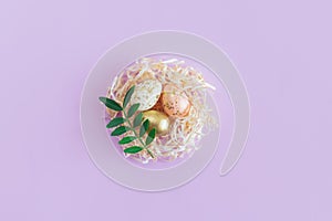 Easter background with eggs in a nest and green leaf