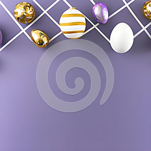 Easter background with eggs in purple, white and gold