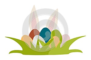 Easter background with Eggs and Rabbi in grass. Egg Hunt Vector Flat illustration isolated on White. Holiday Design Element For