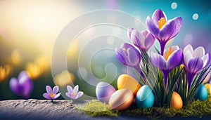 easter background with eggs and saffron flower