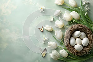 Easter background empty nest with white tulips, eggs and butterflies. The image is generated with the use of an AI.