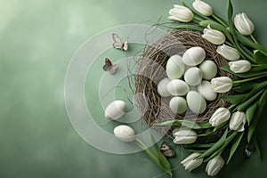 Easter background empty nest with white tulips, eggs and butterflies. The image is generated with the use of an AI.