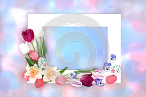 Easter Background Frame with Eggs and Spring Flowers