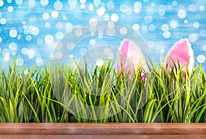 Easter background with green grass and bunnie ears