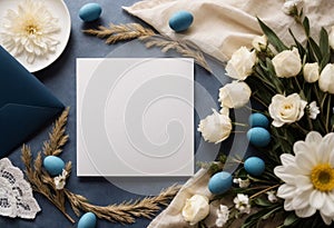 Easter background with greeting card mockup, empty blank paper ,