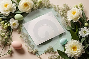 Easter background with greeting card mockup, empty blank paper