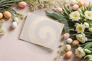 Easter background with greeting card mockup, empty blank paper