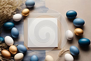 Easter background with greeting card mockup, empty blank paper ,
