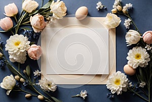 Easter background with greeting card mockup, empty blank paper,