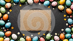 Easter background with hand painted eggs and empty card with copy space for text