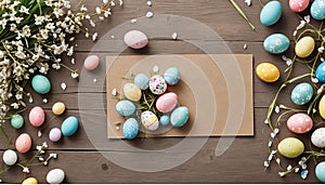Easter background with hand painted eggs and empty card with copy space for text