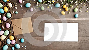 Easter background with hand painted eggs and empty card with copy space for text