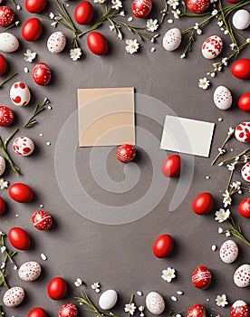 Easter background with hand painted eggs and empty card with copy space for text