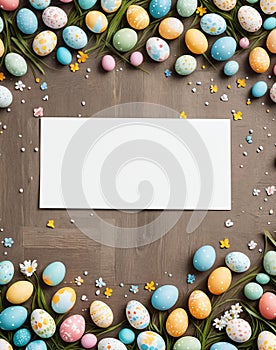 Easter background with hand painted eggs and empty card with copy space for text